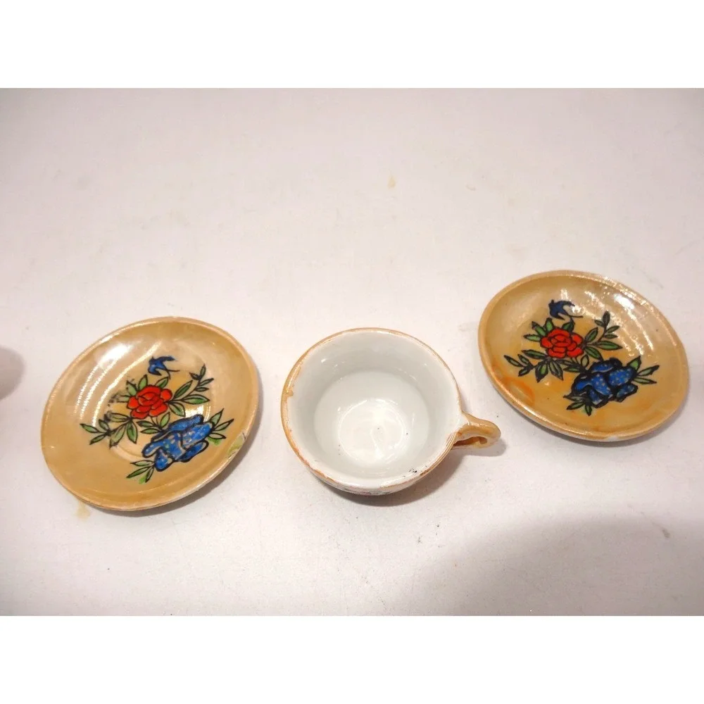 Vintage Lusterware Childs Floral Porcelain 10 Piece Orange/Peach &‎ Blue TeaSet